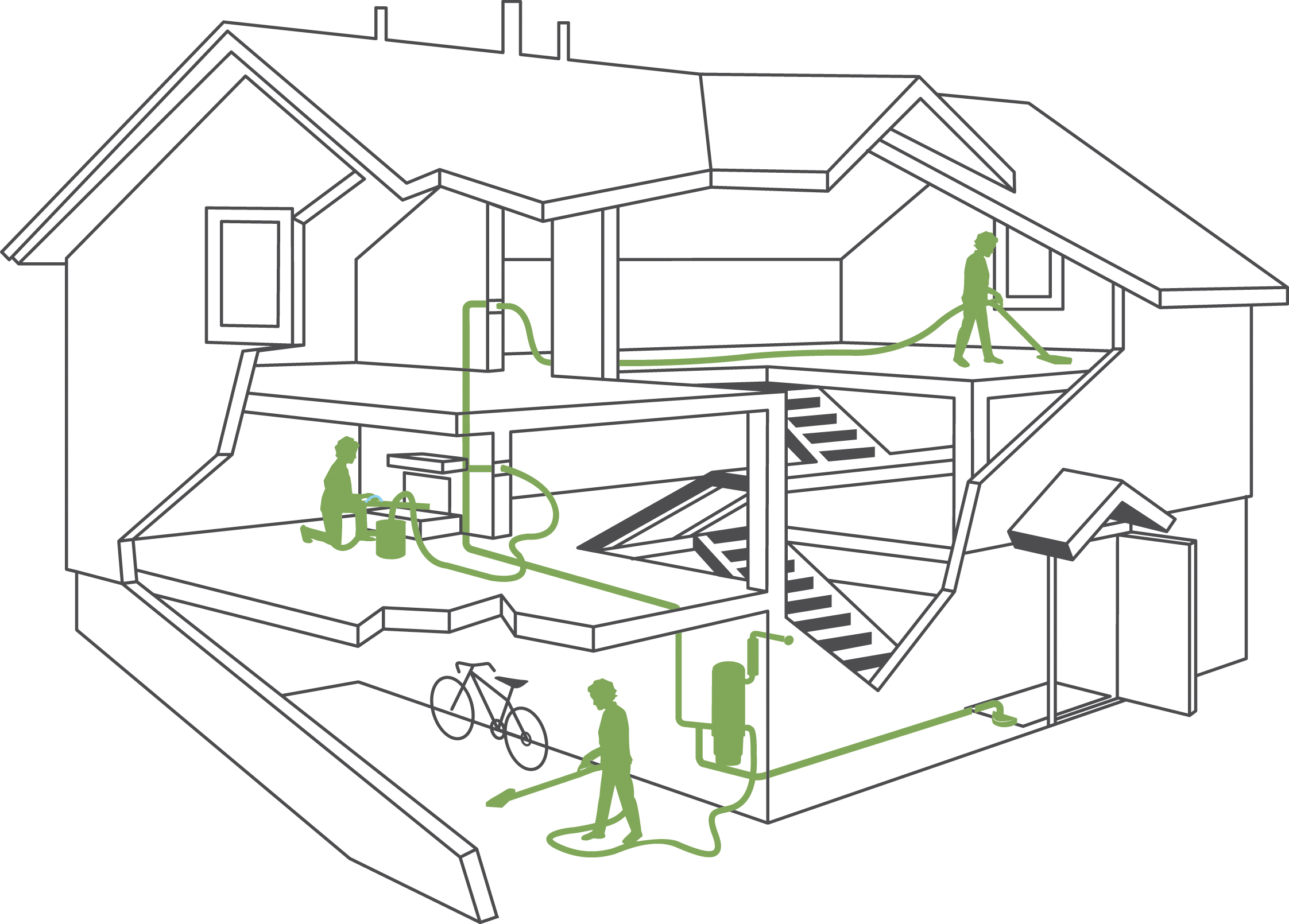 A cross-section illustration of a home showing a retractable central vacuum system. Hidden tubing runs through the walls.