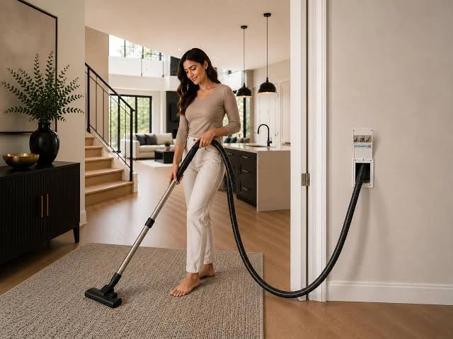 Homeowner cleaning her foyer rug with an in-wall retractable central vacuum